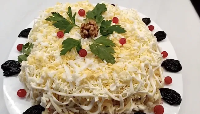 Салат &laquo;Черный жемчуг&raquo;: эффектное блюдо с крабовыми палочками и черносливом для новогоднего стола